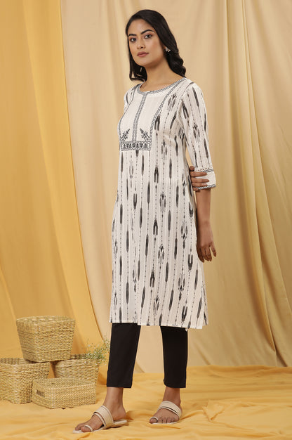 White Printed Kurta, Trousers And Kota Dupatta Set