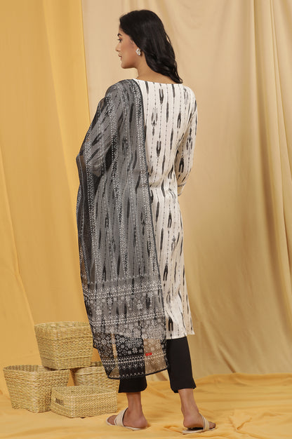 White Printed Kurta, Trousers And Kota Dupatta Set