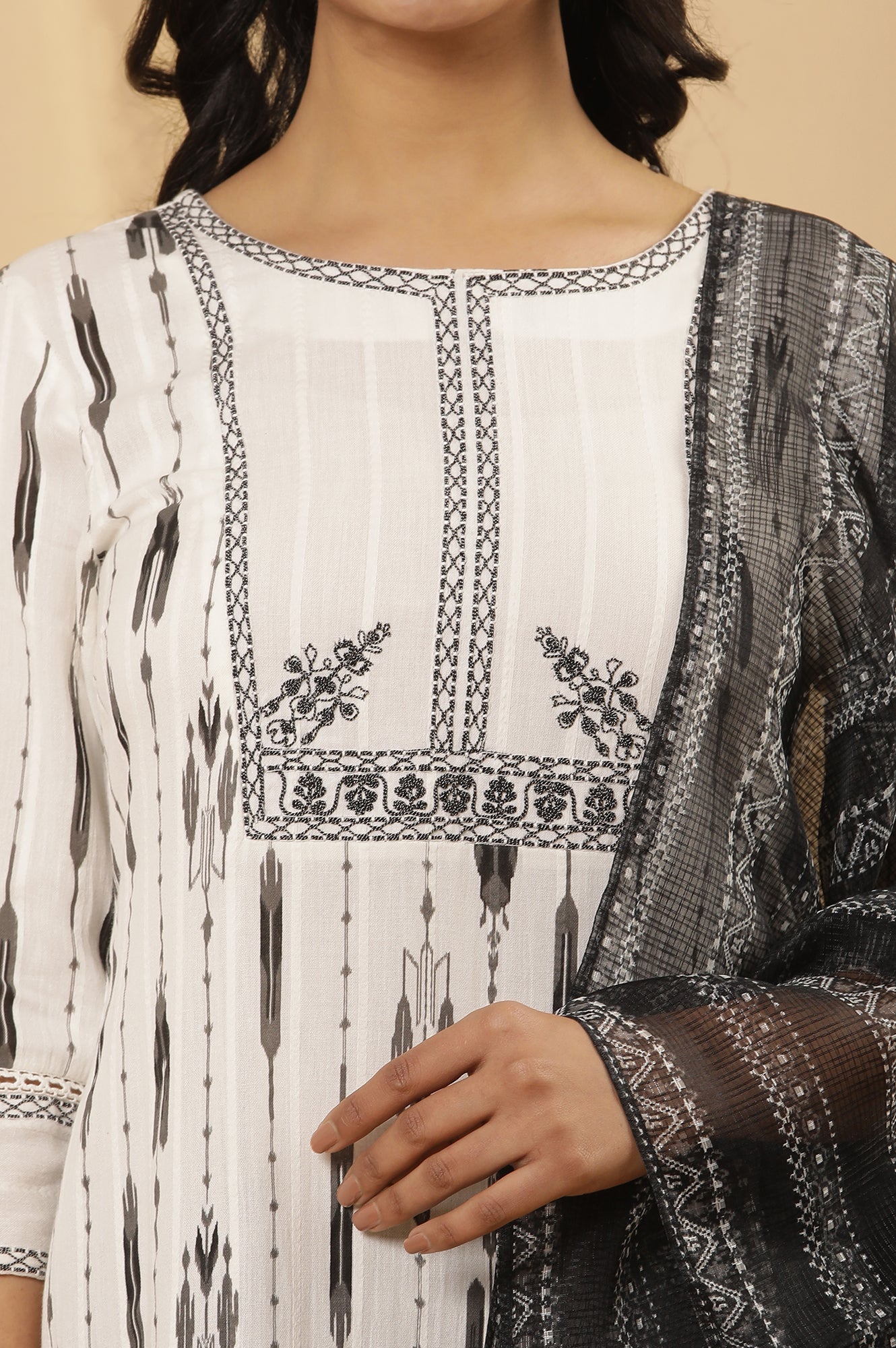 White Printed Kurta, Trousers And Kota Dupatta Set