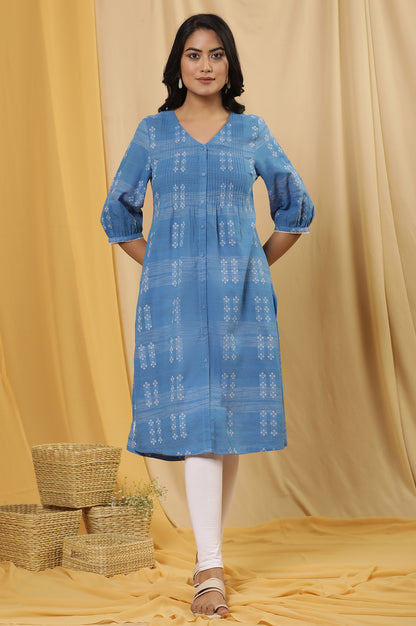 Blue Cotton Dobby A-Line Kurta And Tights Set