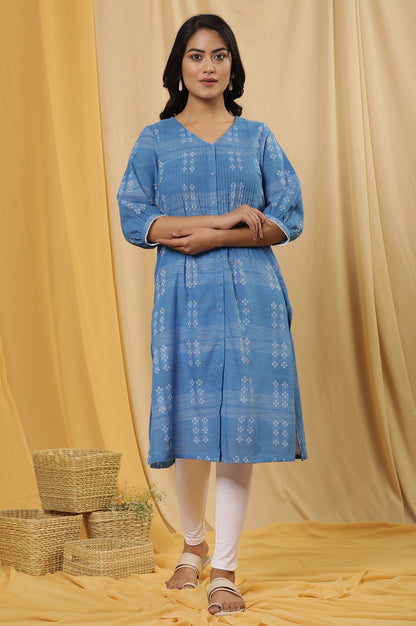 Blue Cotton Dobby A-Line Kurta And Tights Set