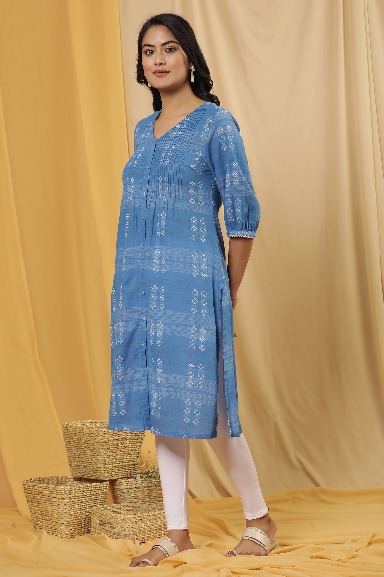 Blue Cotton Dobby A-Line Kurta And Tights Set