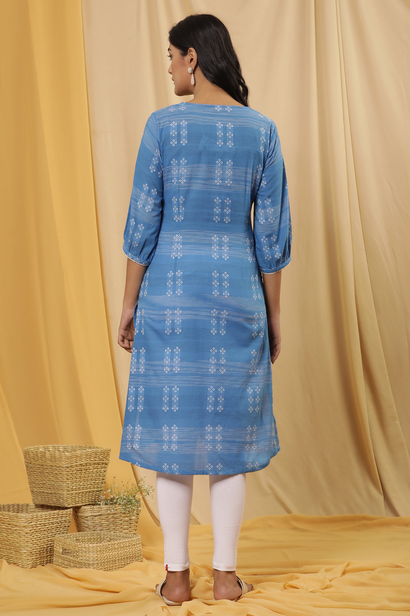 Blue Cotton Dobby A-Line Kurta And Tights Set