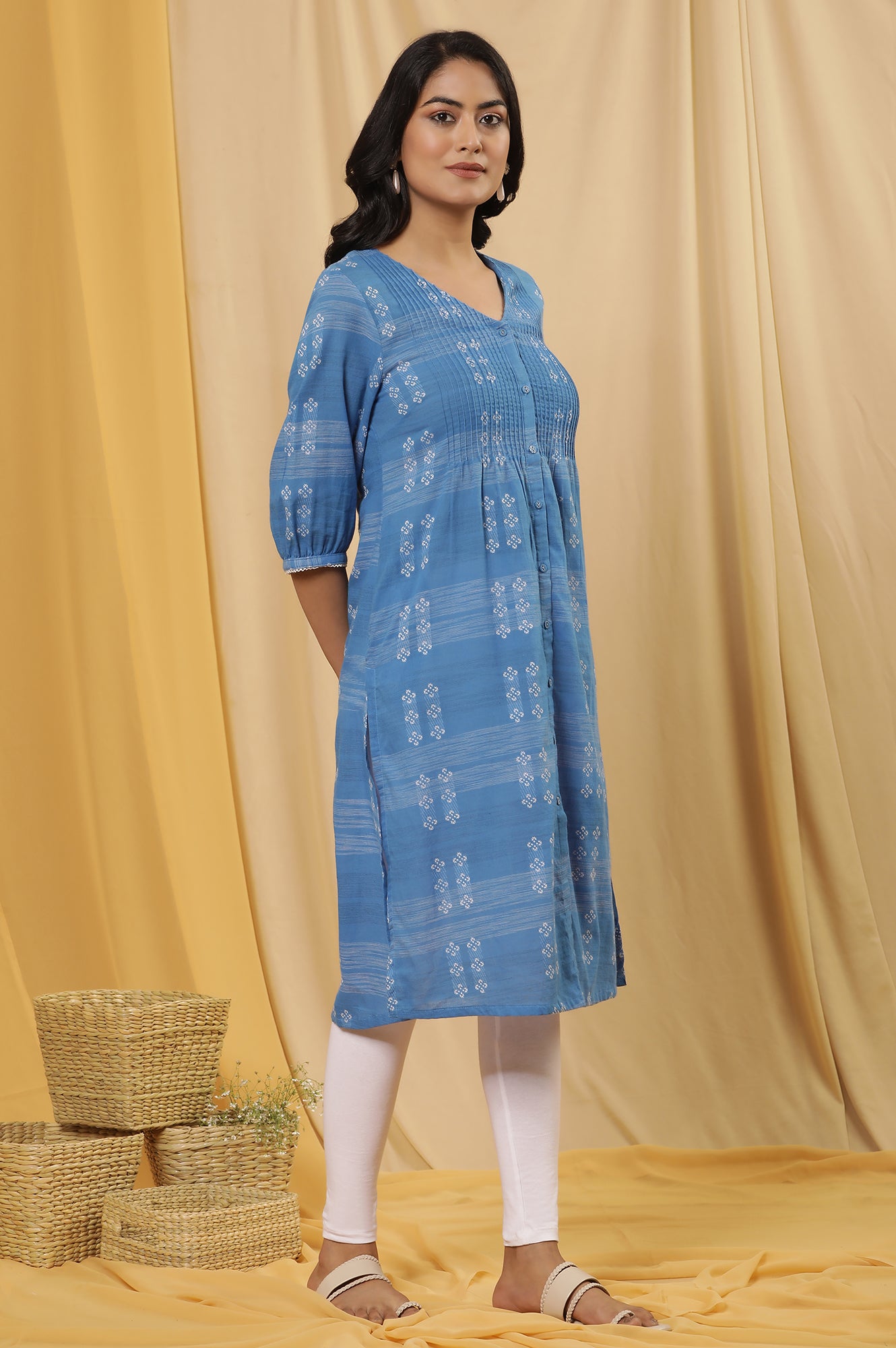 Blue Cotton Dobby A-Line Kurta And Tights Set