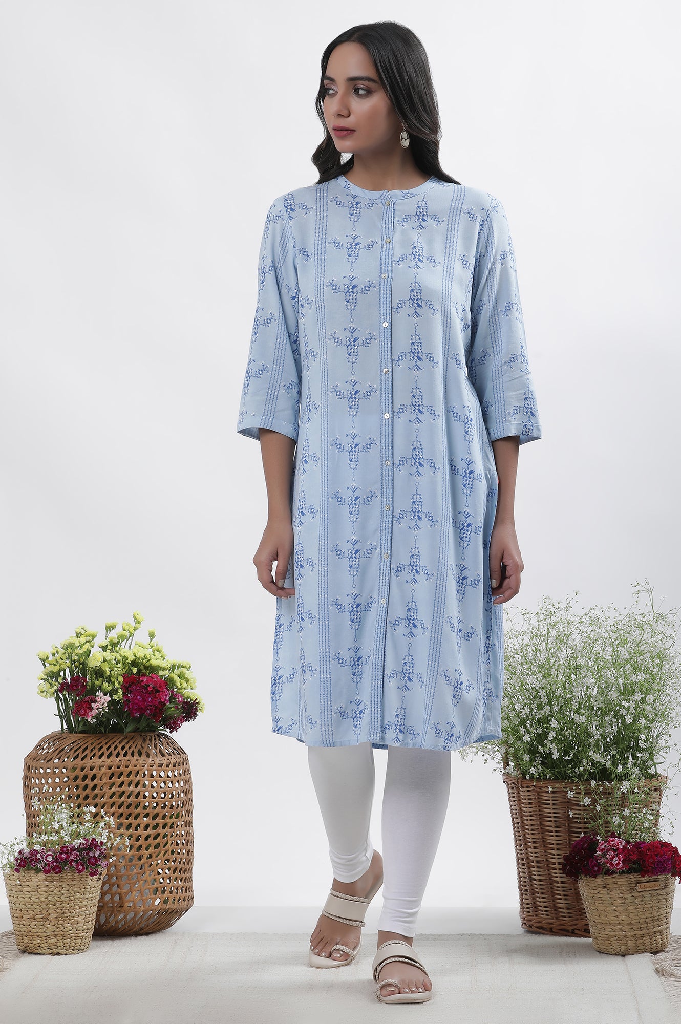 Blue Geometric Print Shirt Kurta And Tights Set