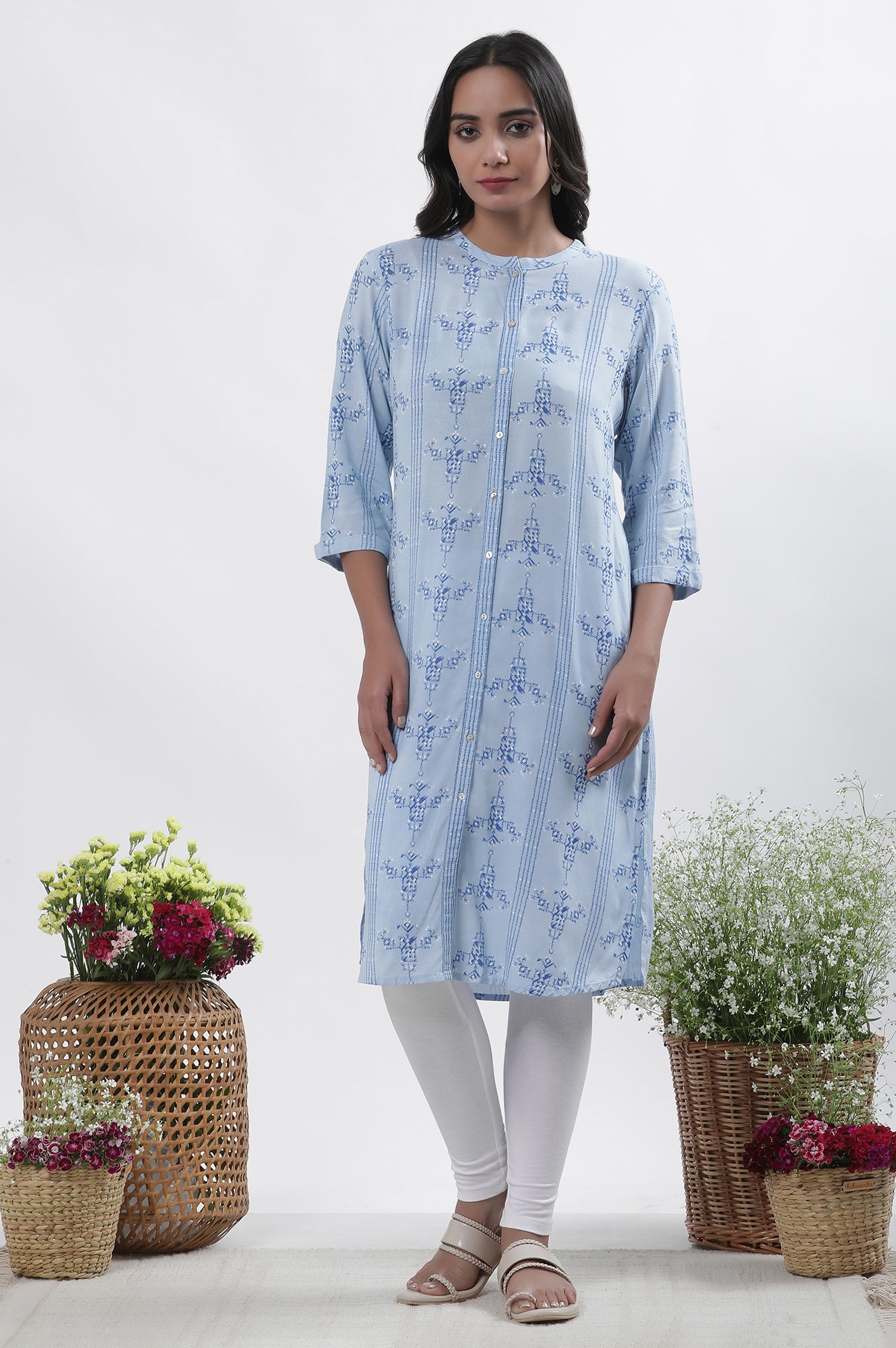 Blue Geometric Print Shirt Kurta And Tights Set