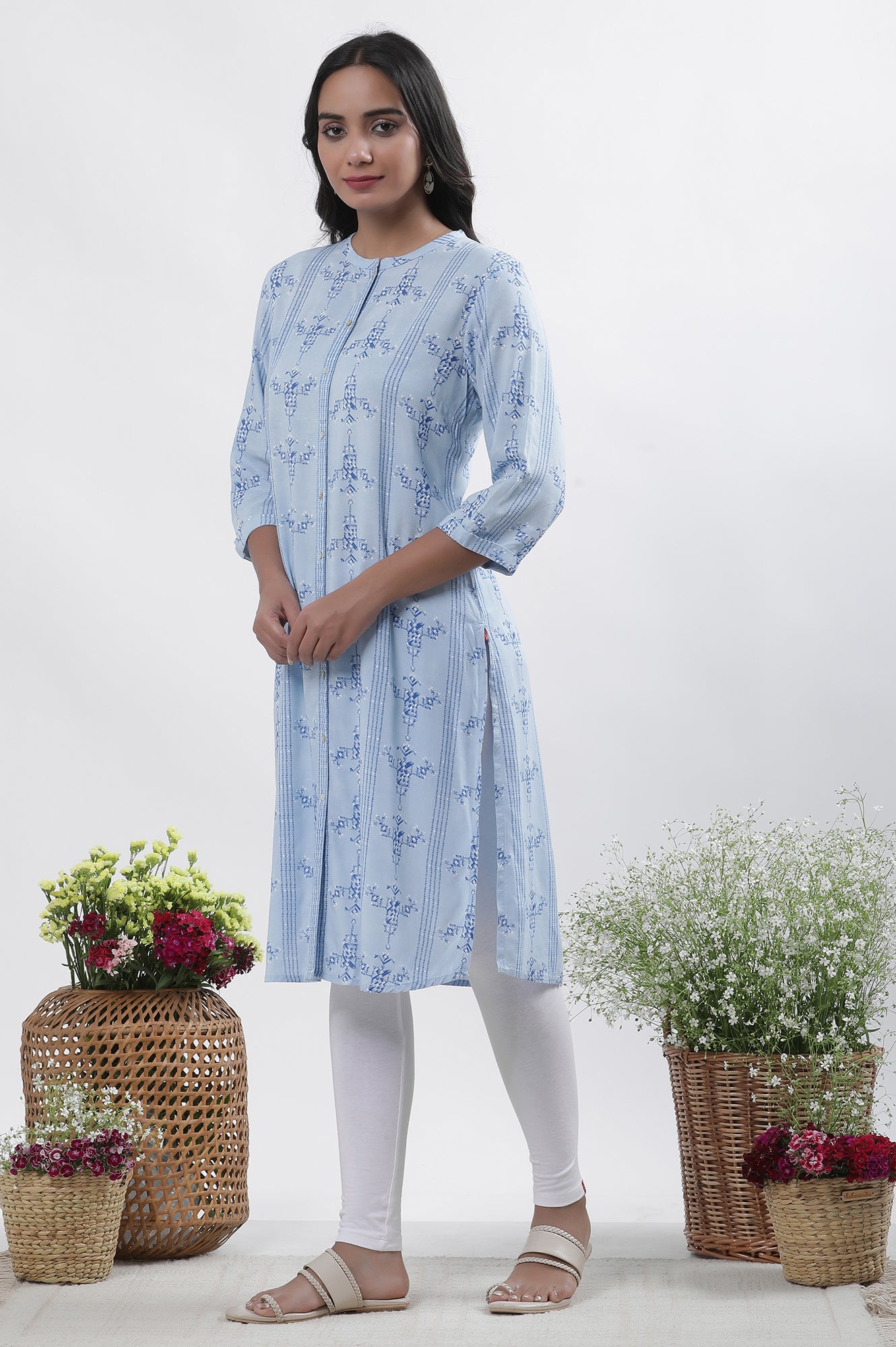 Blue Geometric Print Shirt Kurta And Tights Set