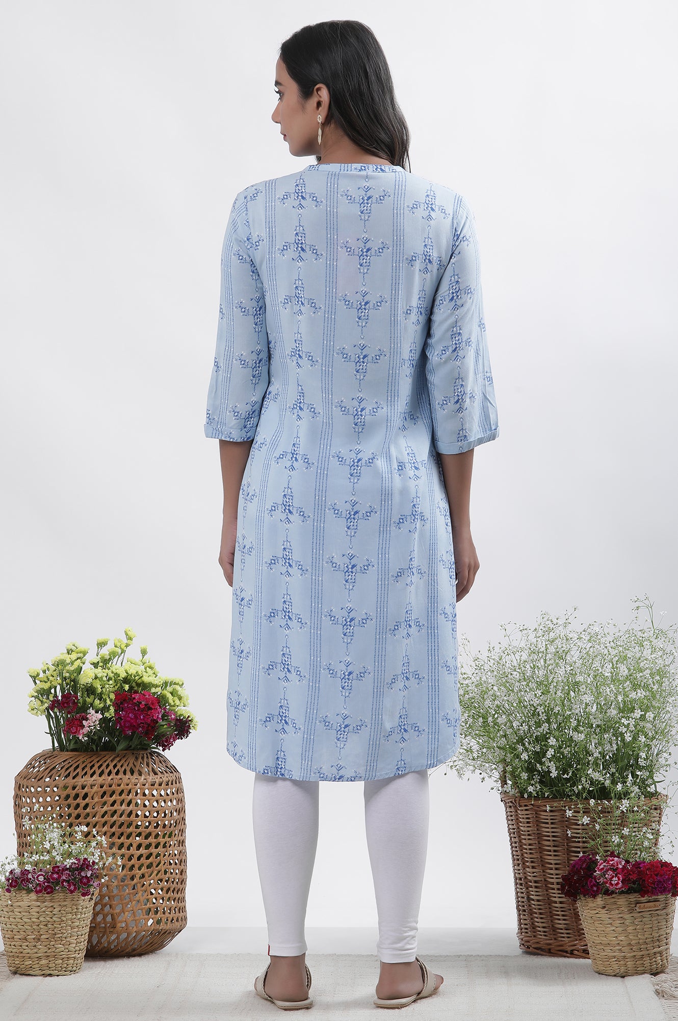 Blue Geometric Print Shirt Kurta And Tights Set