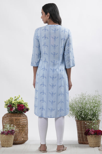 Blue Geometric Print Shirt Kurta And Tights Set