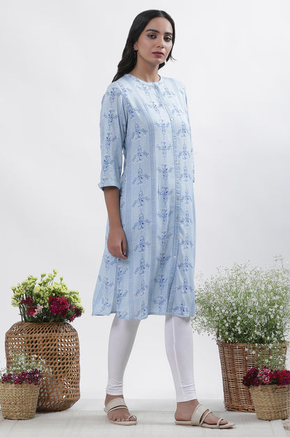 Blue Geometric Print Shirt Kurta And Tights Set