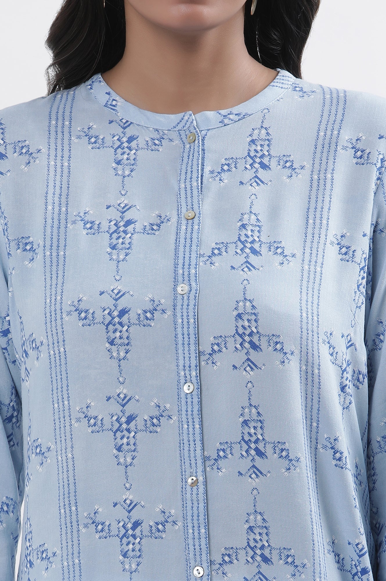 Blue Geometric Print Shirt Kurta And Tights Set