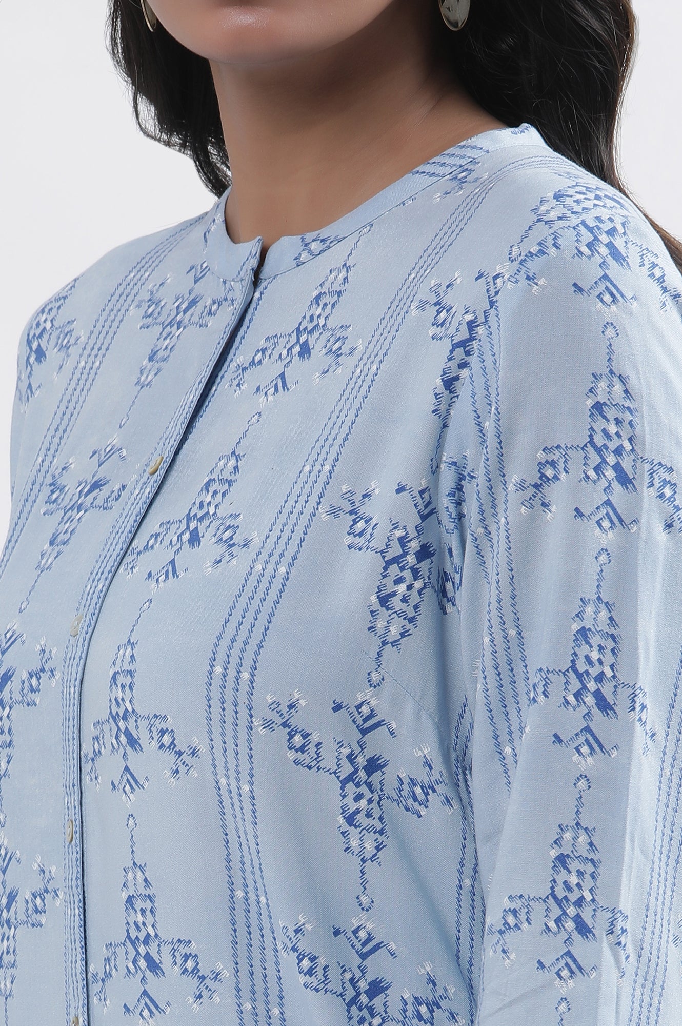 Blue Geometric Print Shirt Kurta And Tights Set