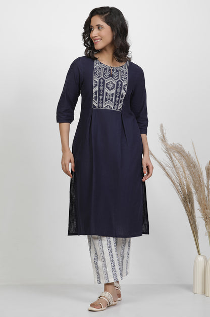 Navy Blue Pleated Kurta And Straight Pants Set