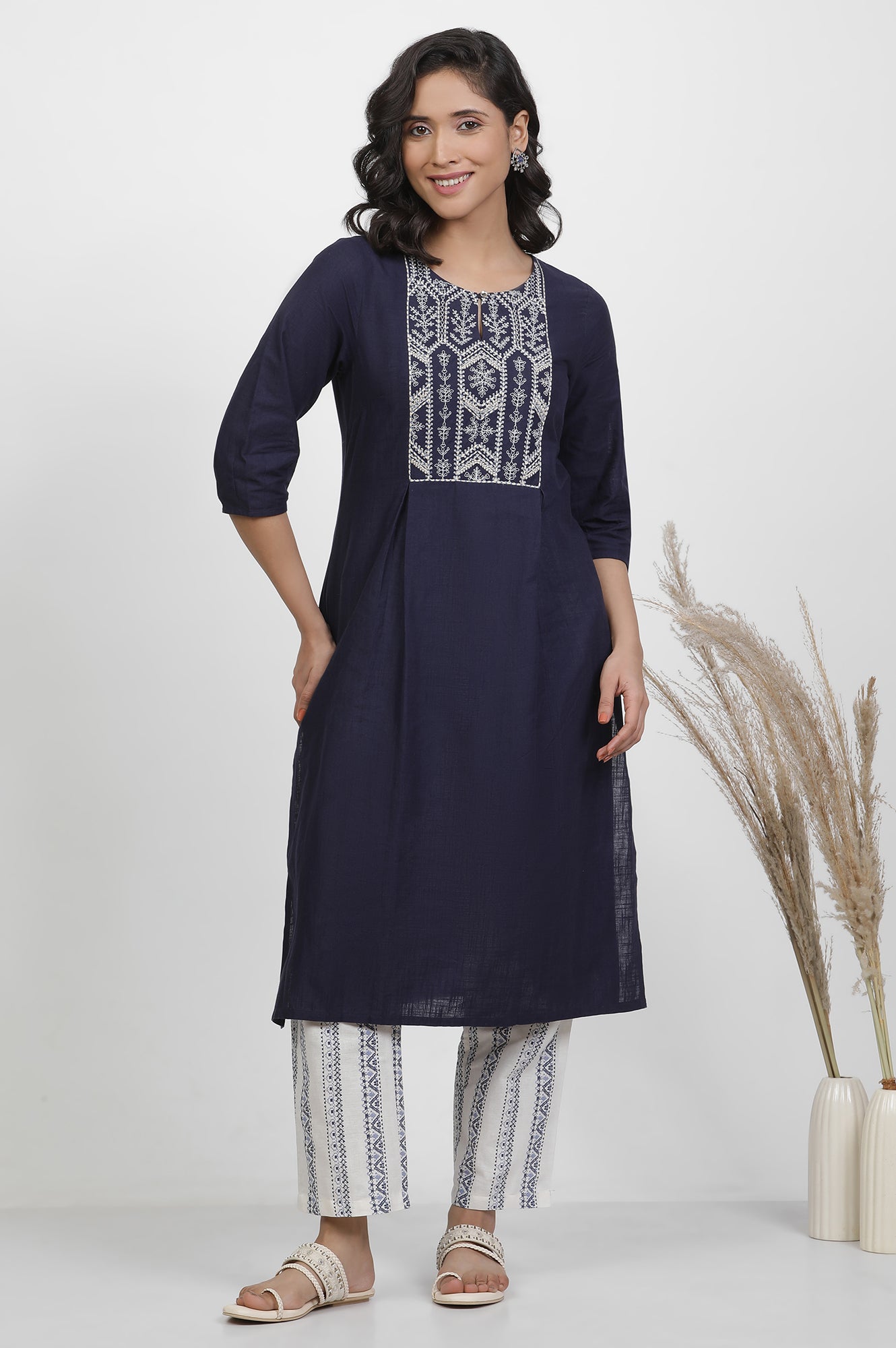 Navy Blue Pleated Kurta And Straight Pants Set