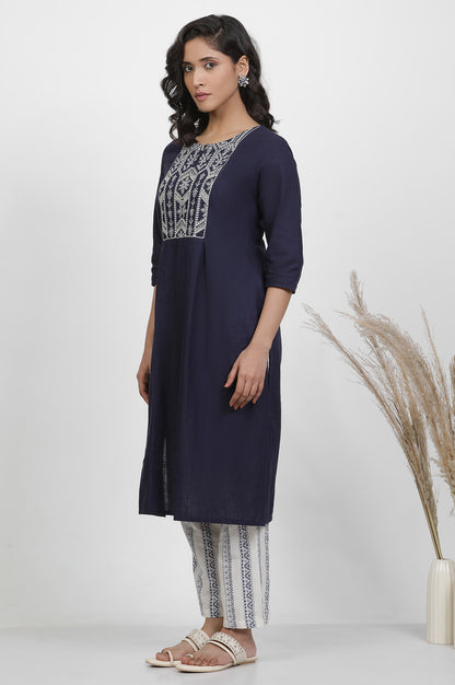 Navy Blue Pleated Kurta And Straight Pants Set