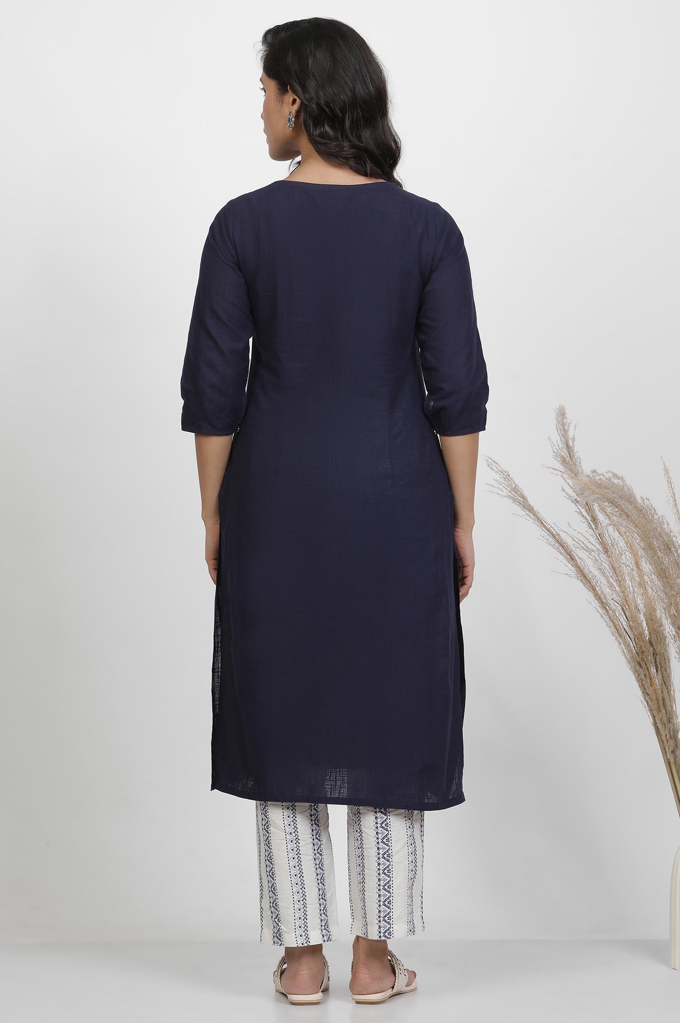 Navy Blue Pleated Kurta And Straight Pants Set