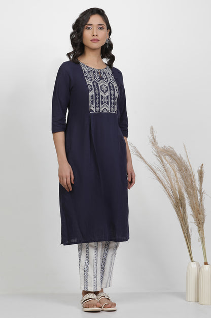 Navy Blue Pleated Kurta And Straight Pants Set