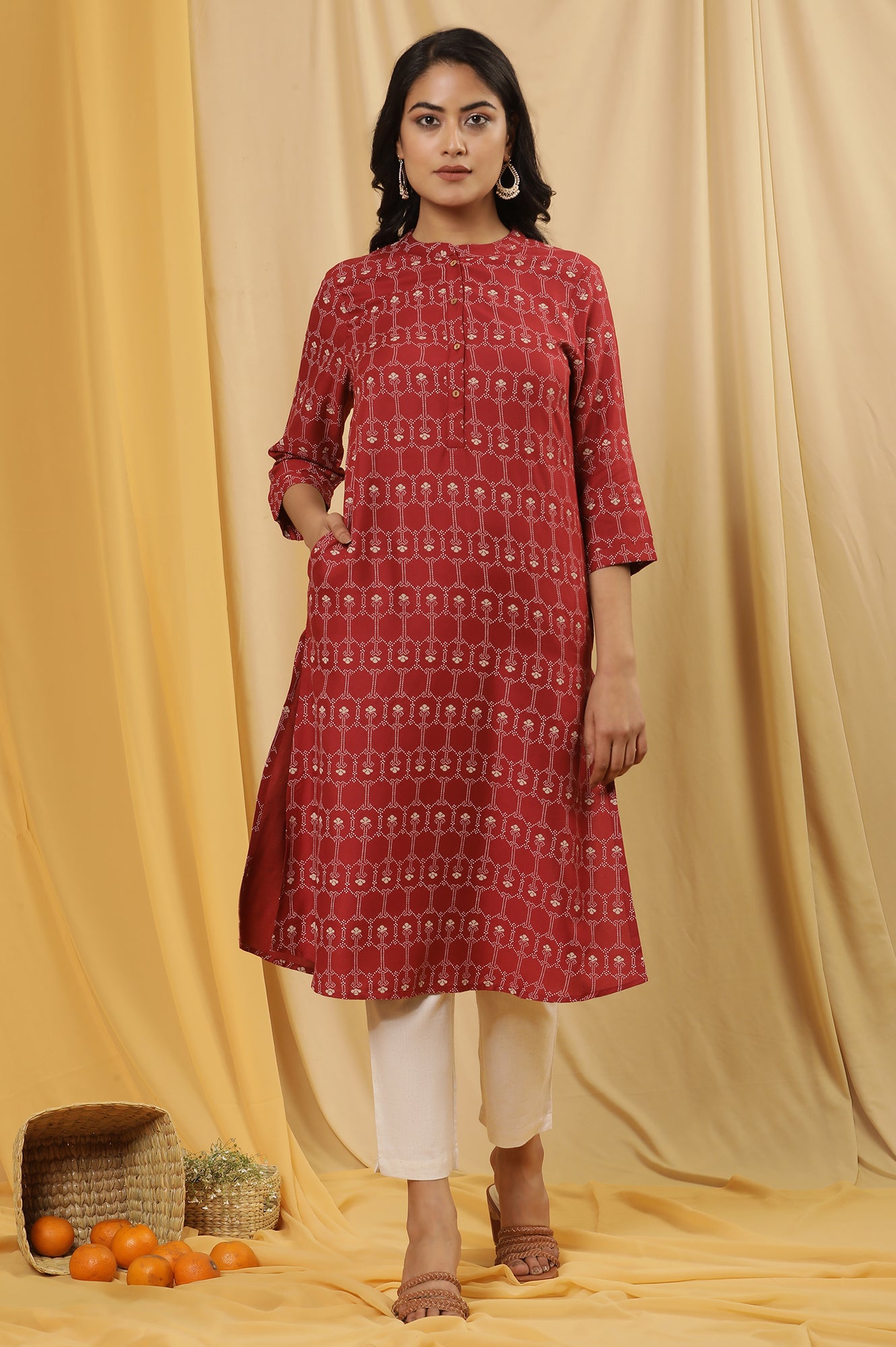 Maroon Printed Mandarin Collar Kurta And Pants Set