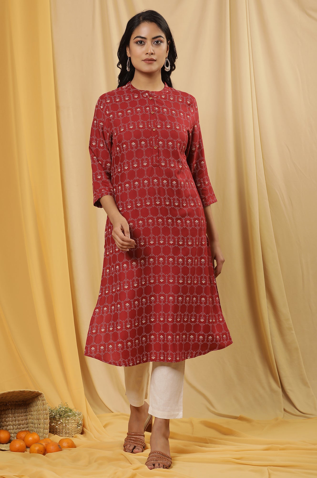 Maroon Printed Mandarin Collar Kurta And Pants Set