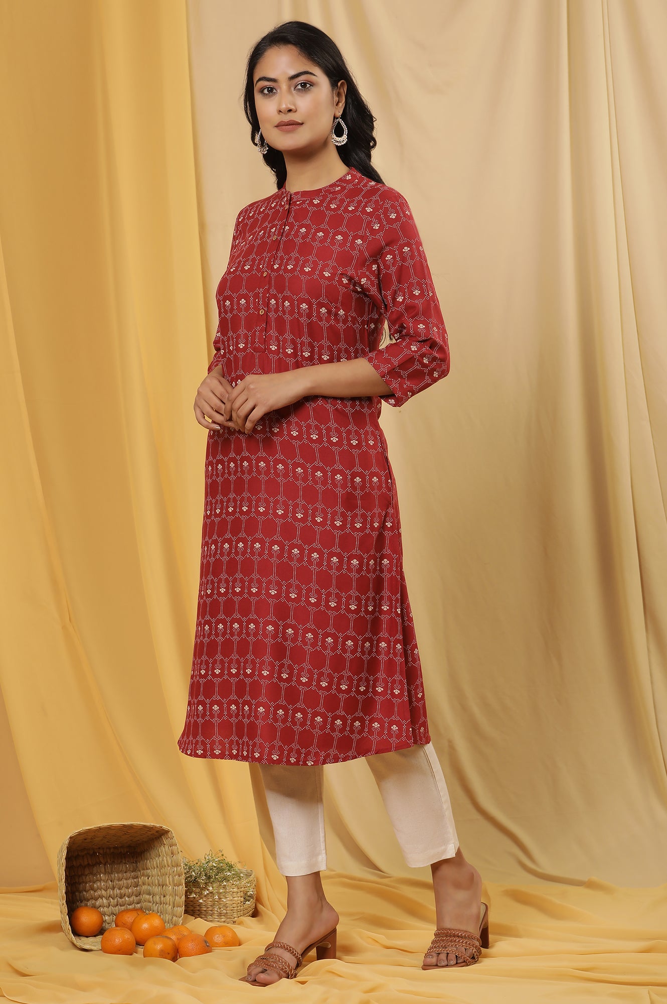 Maroon Printed Mandarin Collar Kurta And Pants Set