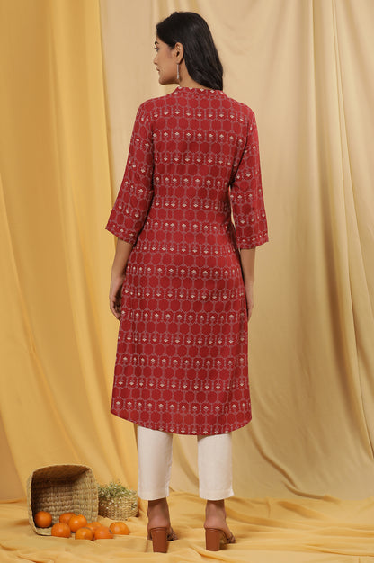 Maroon Printed Mandarin Collar Kurta And Pants Set