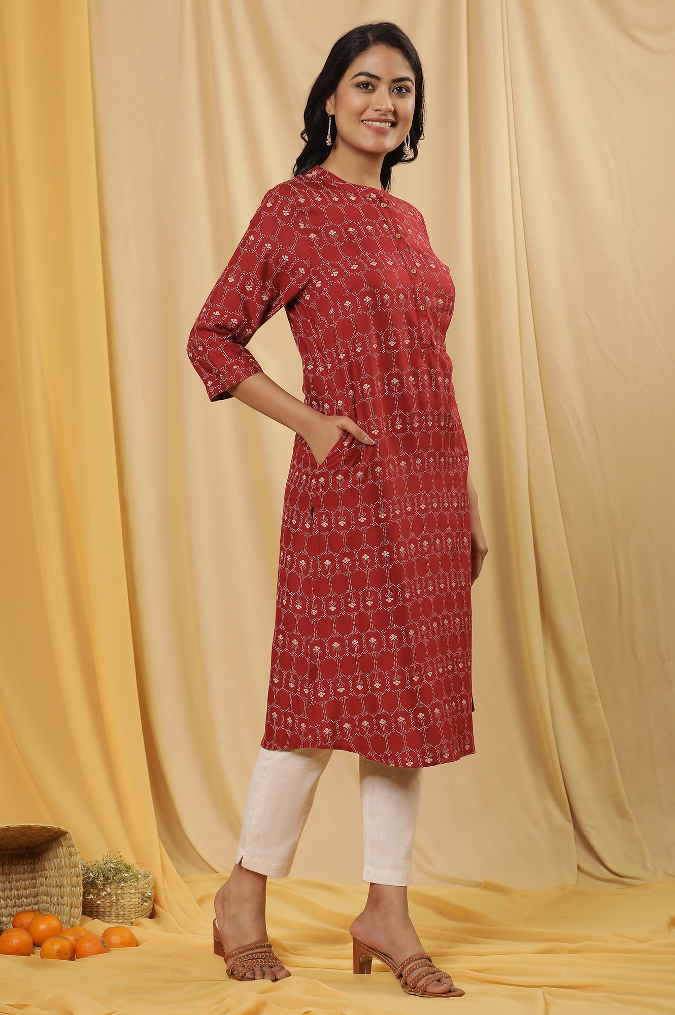 Maroon Printed Mandarin Collar Kurta And Pants Set