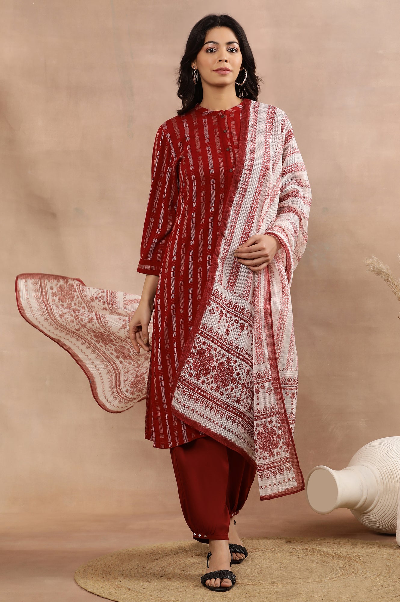 Red Printed Kurta, Gathered Pants And Dupatta Set