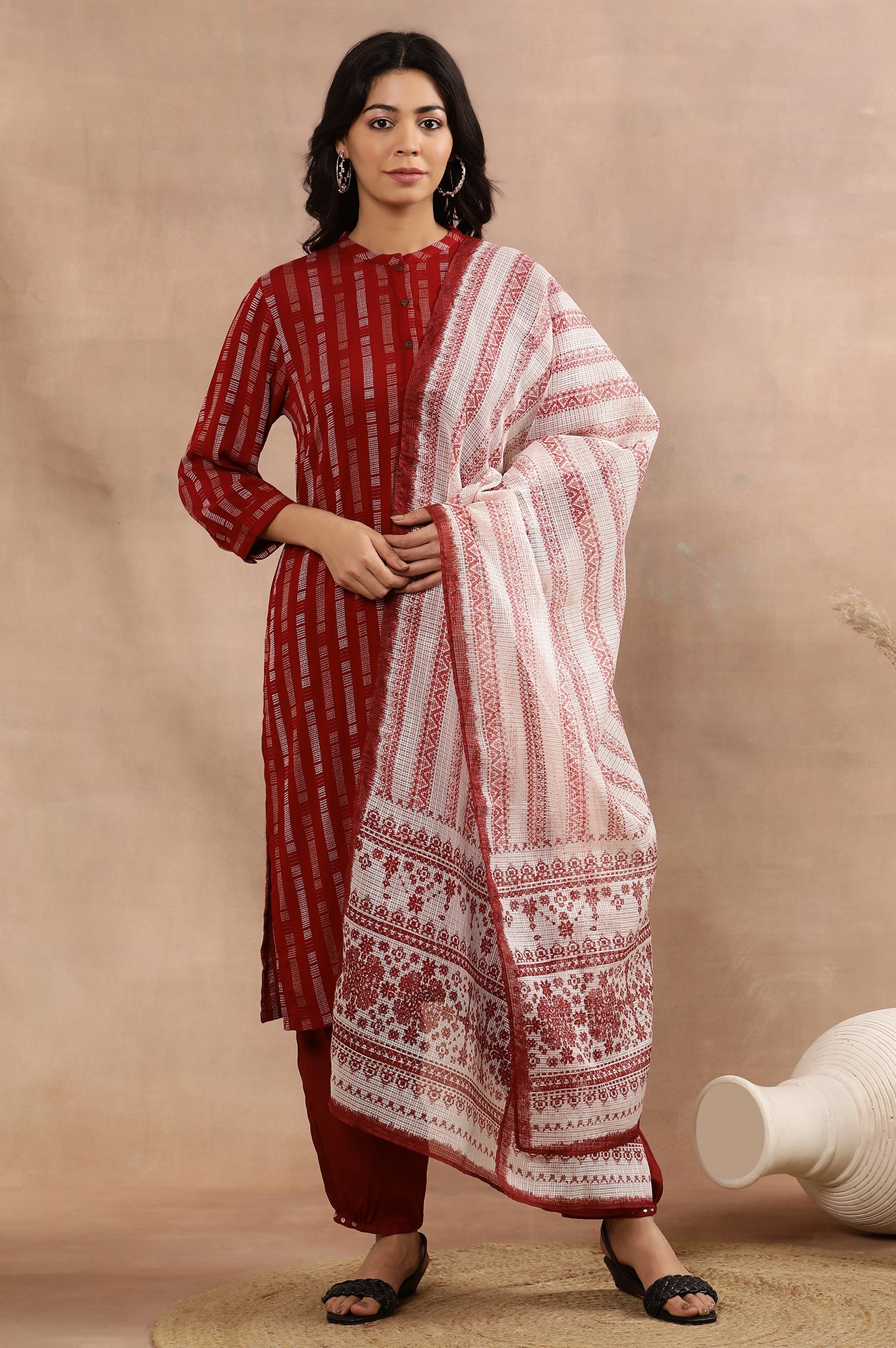 Red Printed Kurta, Gathered Pants And Dupatta Set