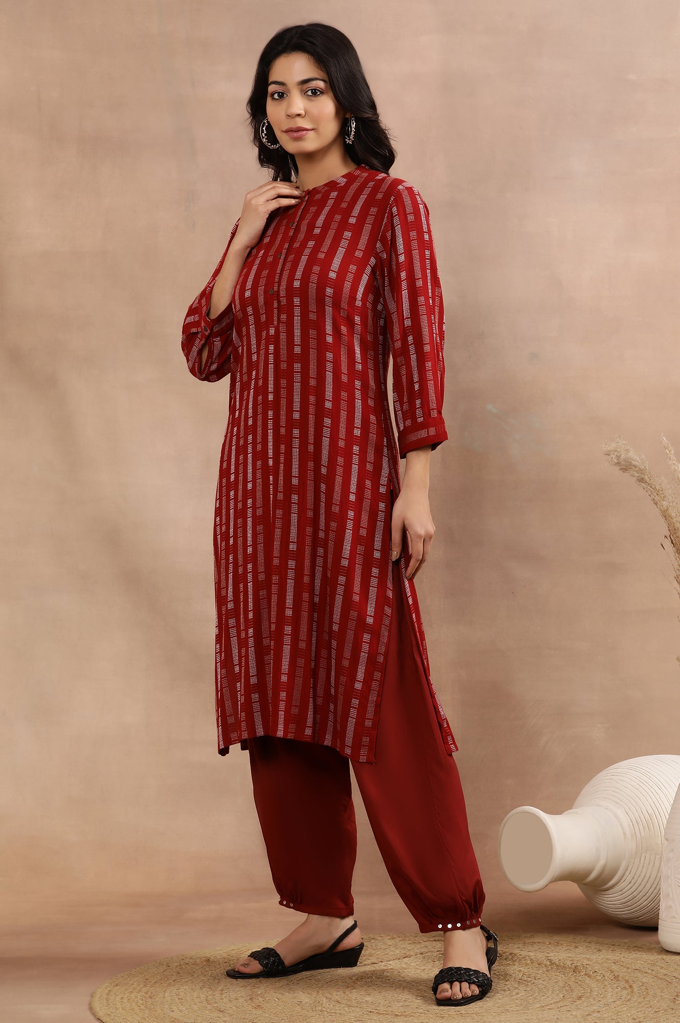 Red Printed Kurta, Gathered Pants And Dupatta Set