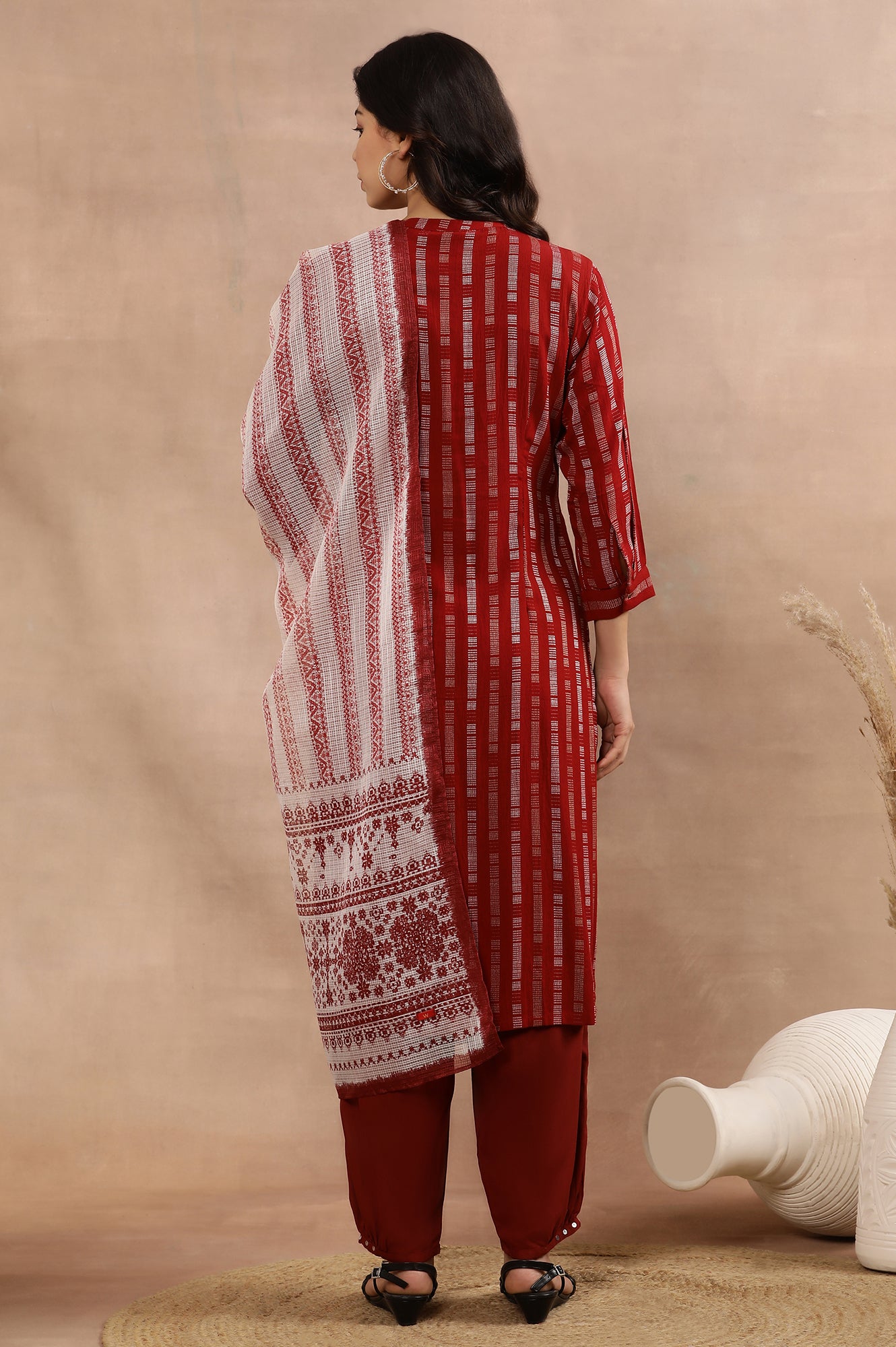 Red Printed Kurta, Gathered Pants And Dupatta Set