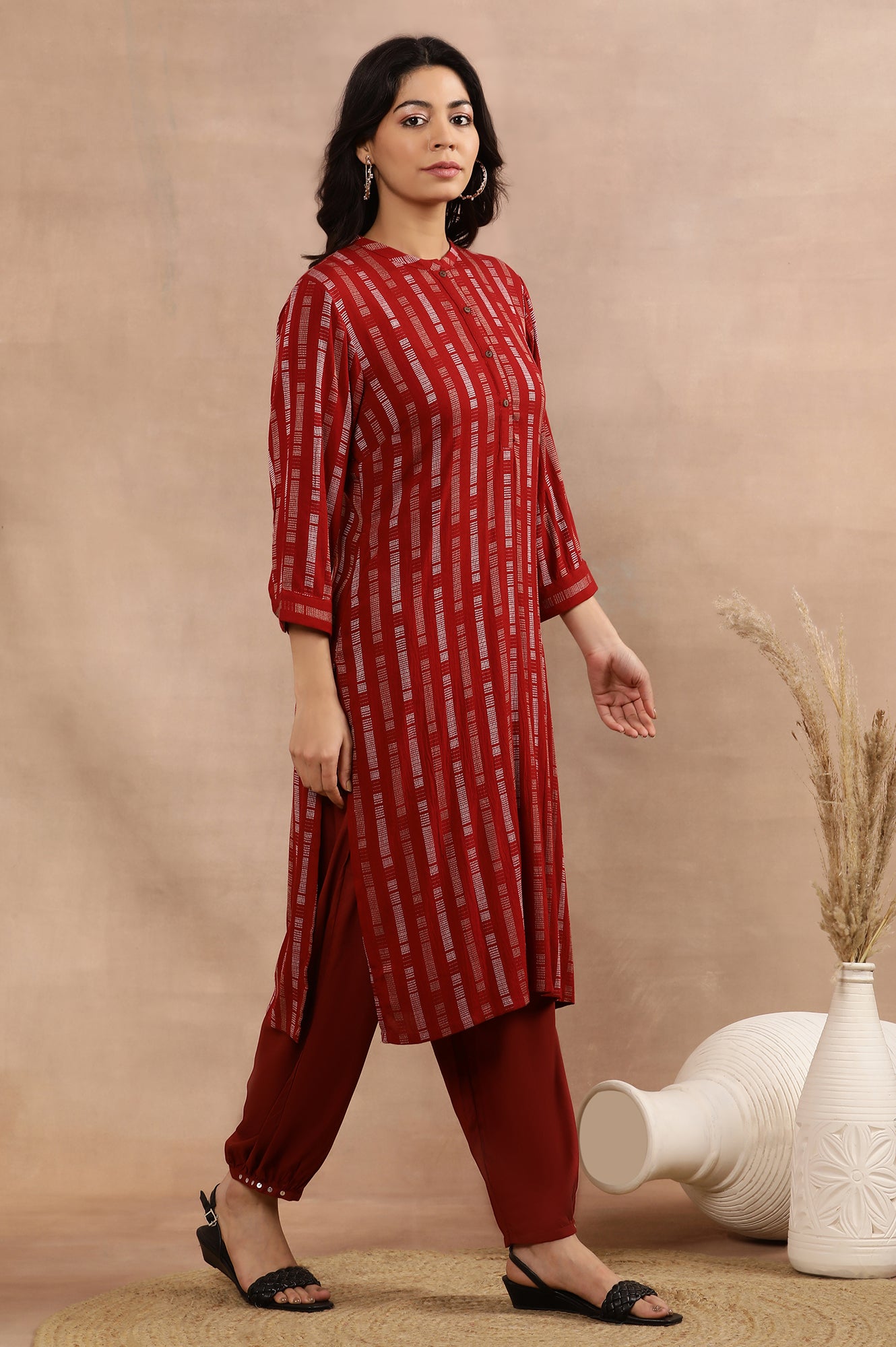 Red Printed Kurta, Gathered Pants And Dupatta Set