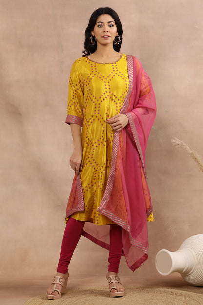 Yellow Printed Flared Kurta, Tights And Dupatta Set