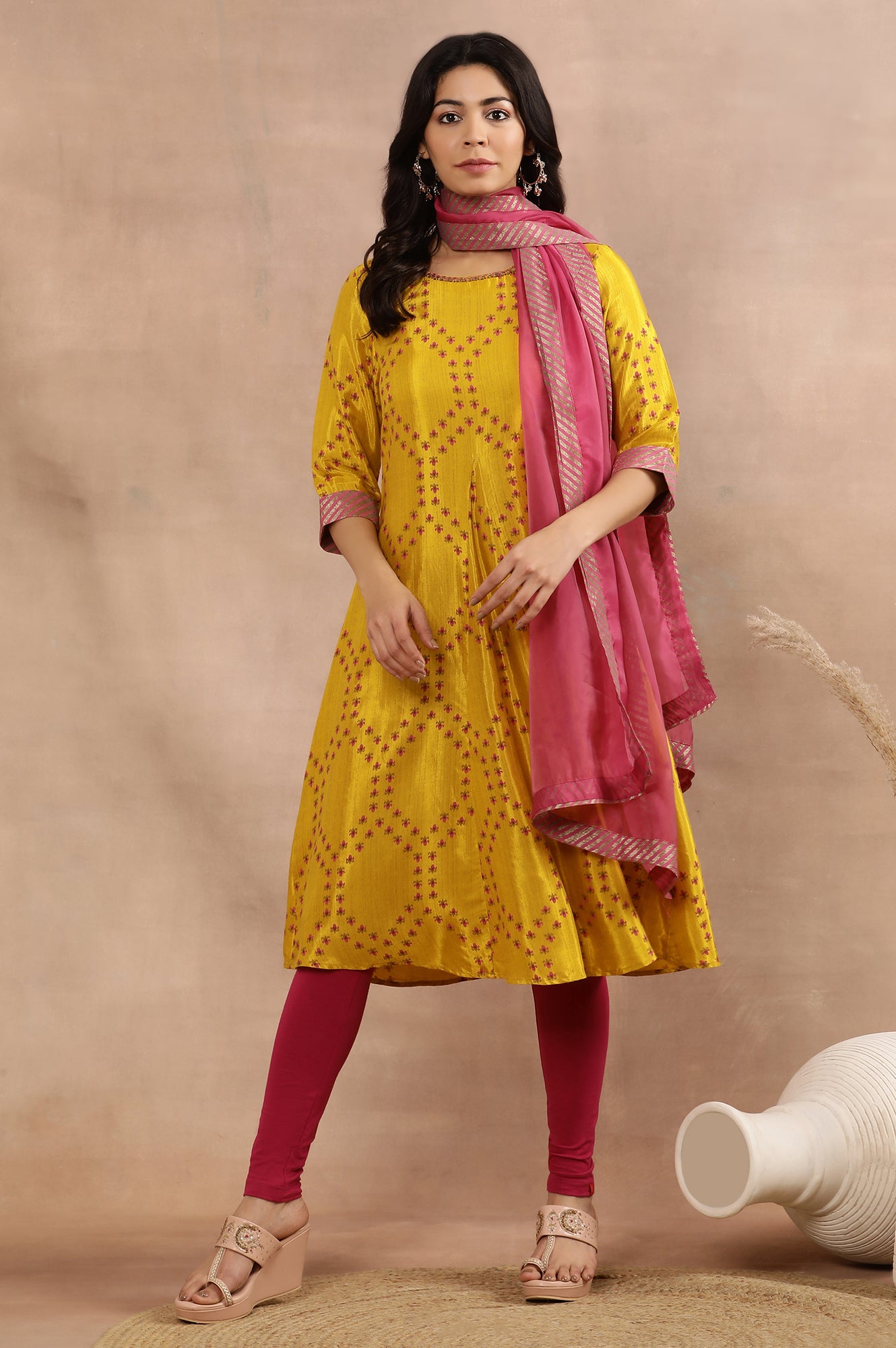 Buy Yellow Printed Flared Kurta Tights And Dupatta Set Online for Woman WforWoman