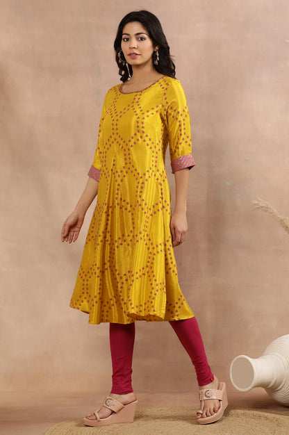 Yellow Printed Flared Kurta, Tights And Dupatta Set