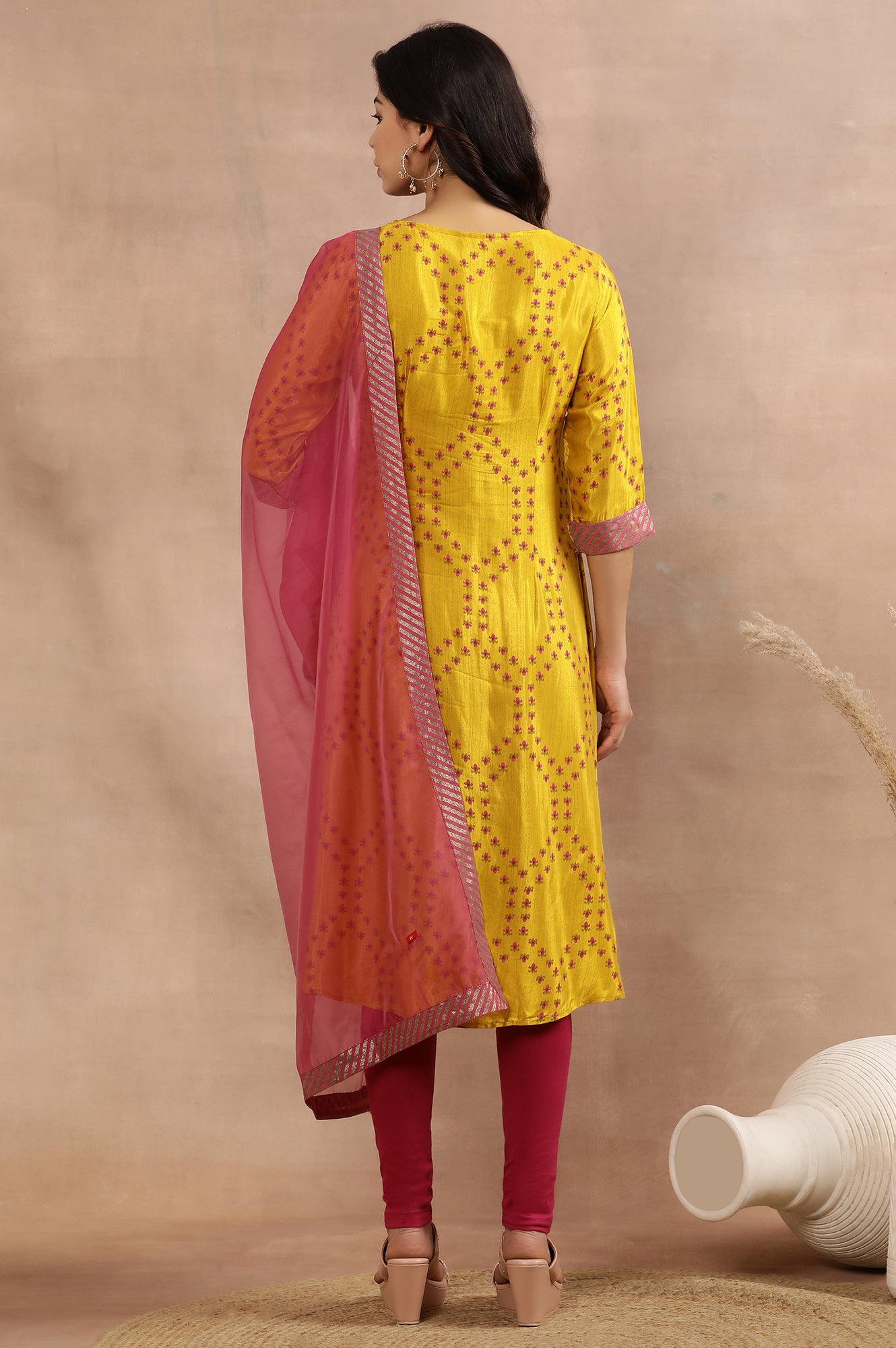 Yellow Printed Flared Kurta, Tights And Dupatta Set