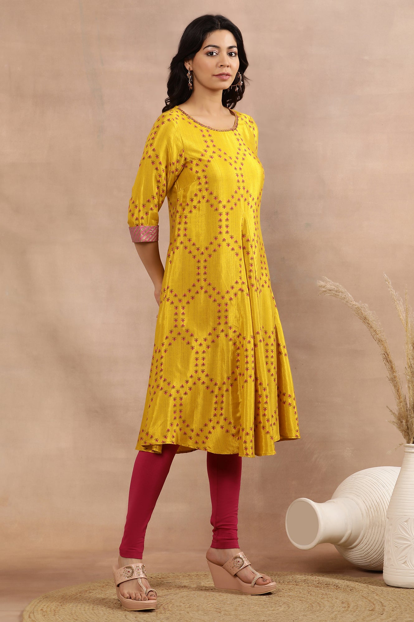 Yellow Printed Flared Kurta, Tights And Dupatta Set