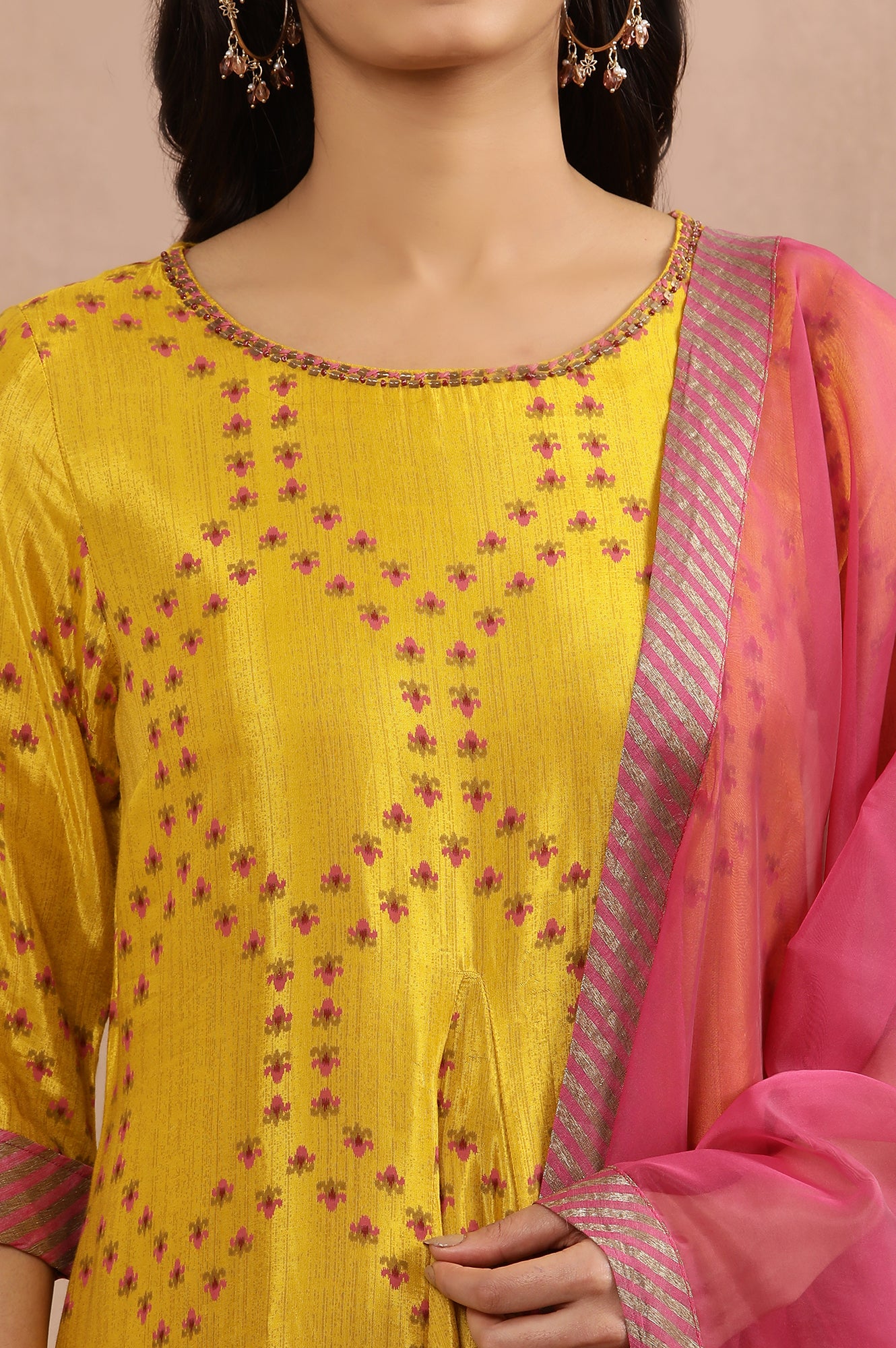 Yellow Printed Flared Kurta, Tights And Dupatta Set