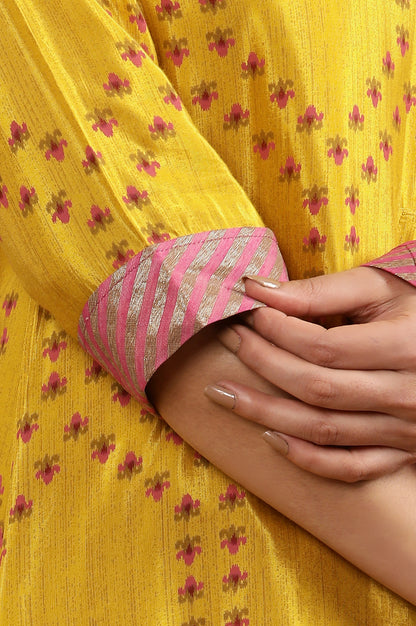 Yellow Printed Flared Kurta, Tights And Dupatta Set