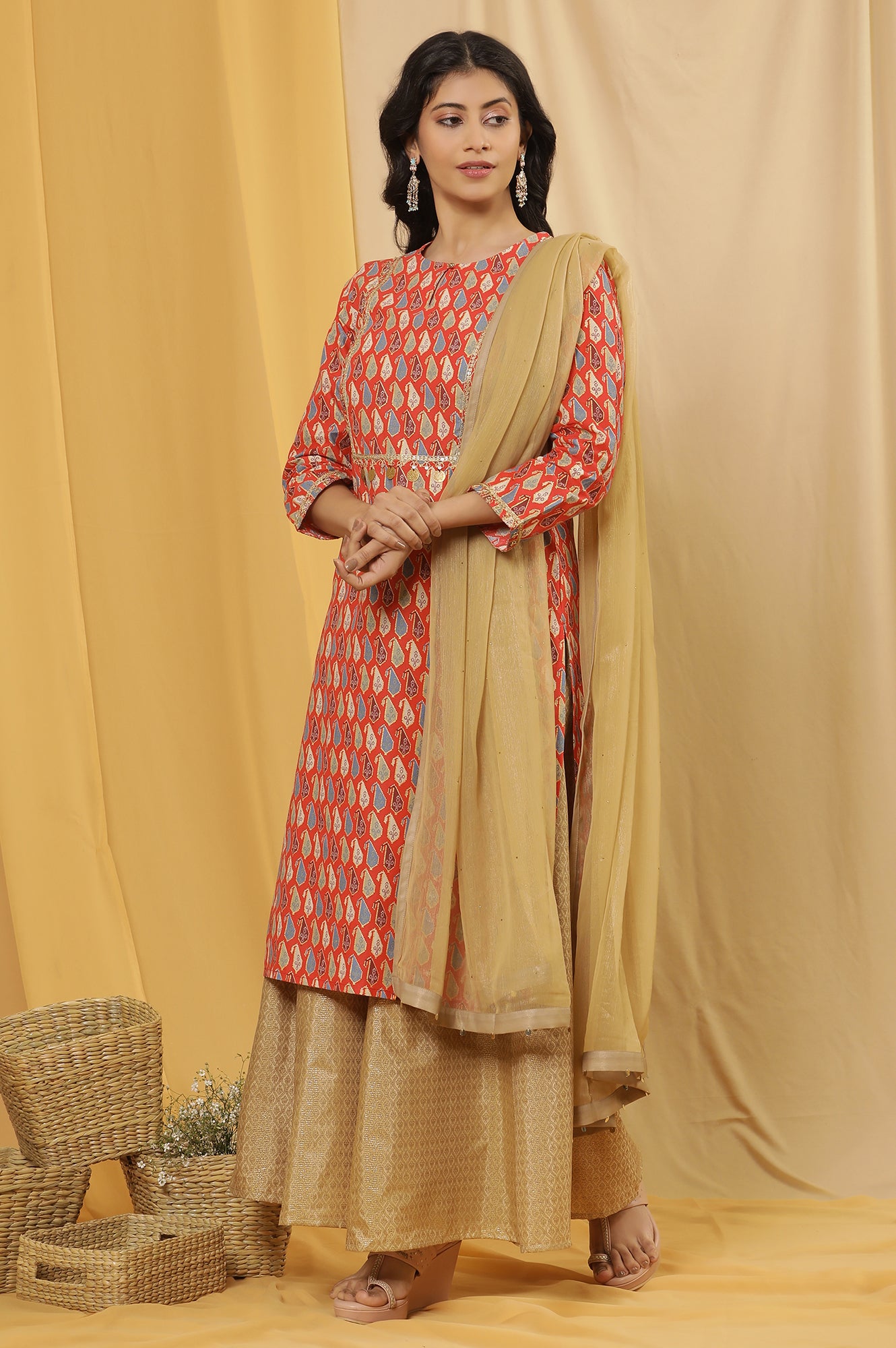 Orange Dori Embroidered Kurta, Pants And Dupatta Set