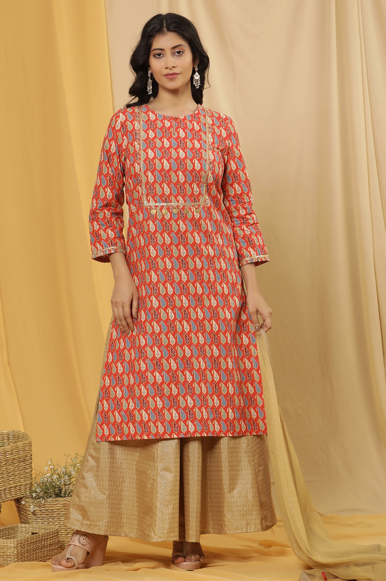 Orange Dori Embroidered Kurta, Pants And Dupatta Set