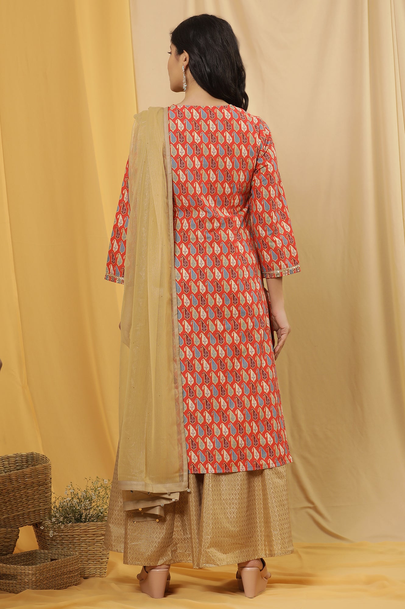 Orange Dori Embroidered Kurta, Pants And Dupatta Set