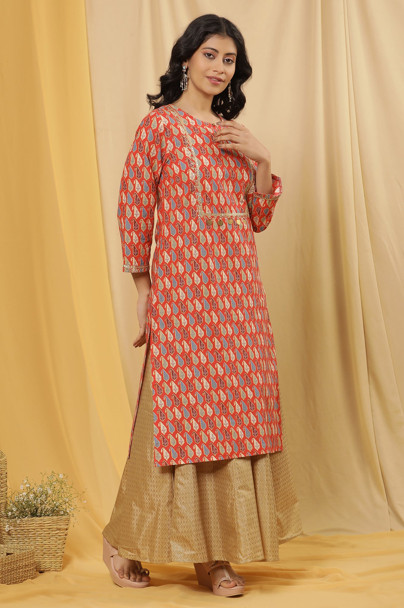 Orange Dori Embroidered Kurta, Pants And Dupatta Set