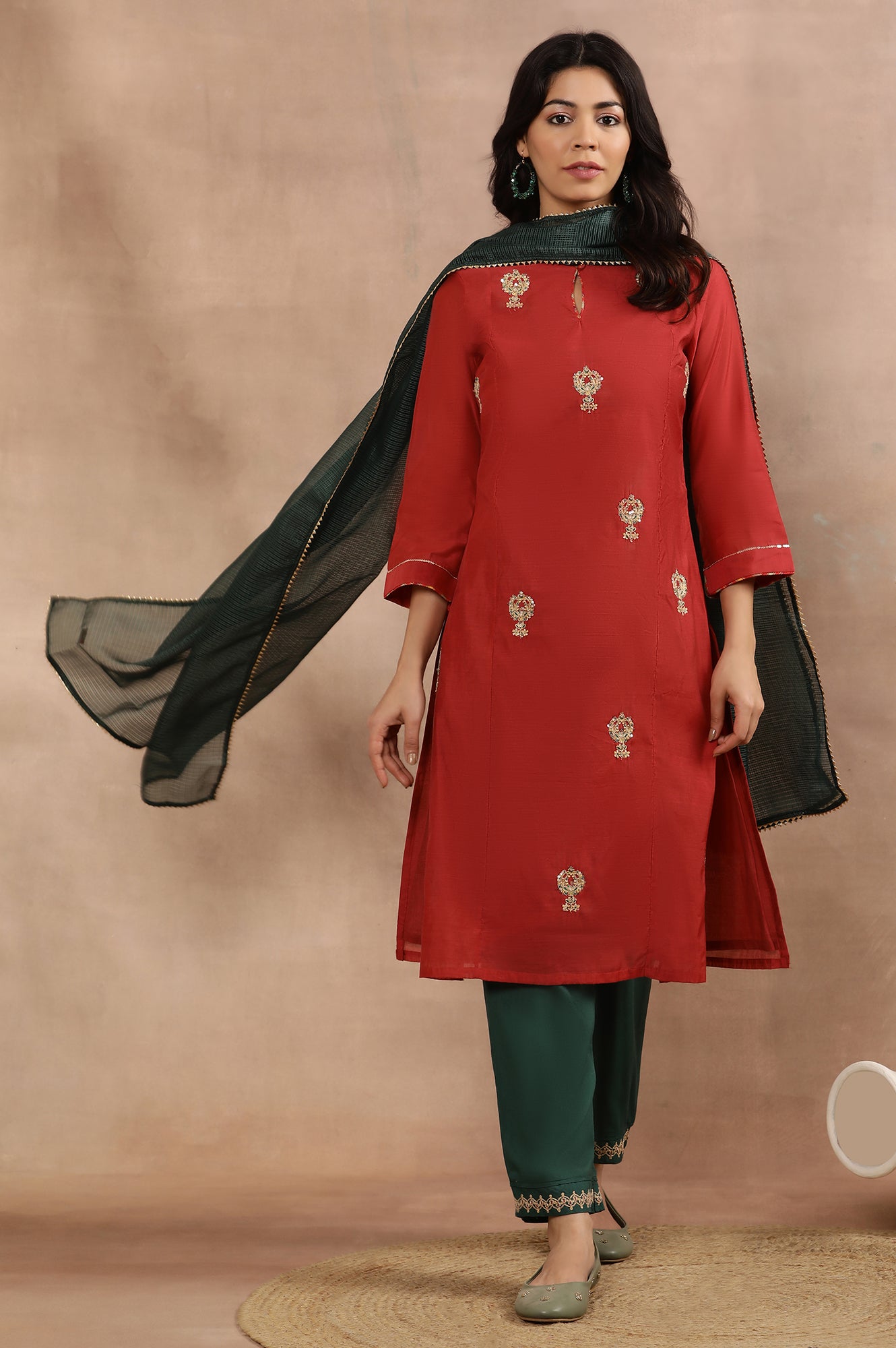 Red Embroidered Kurta, Pants And Kota Dupatta Set