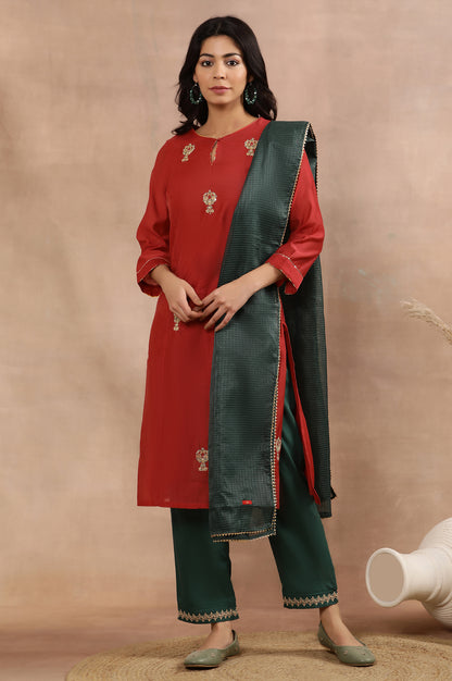 Red Embroidered Kurta, Pants And Kota Dupatta Set