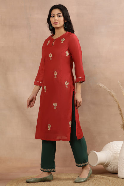 Red Embroidered Kurta, Pants And Kota Dupatta Set