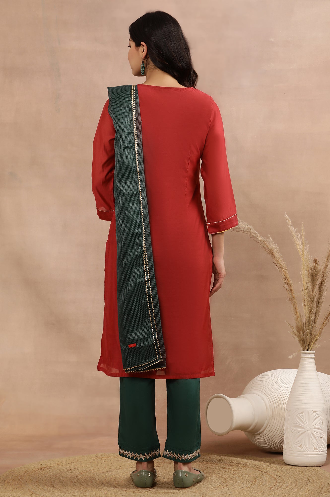 Red Embroidered Kurta, Pants And Kota Dupatta Set