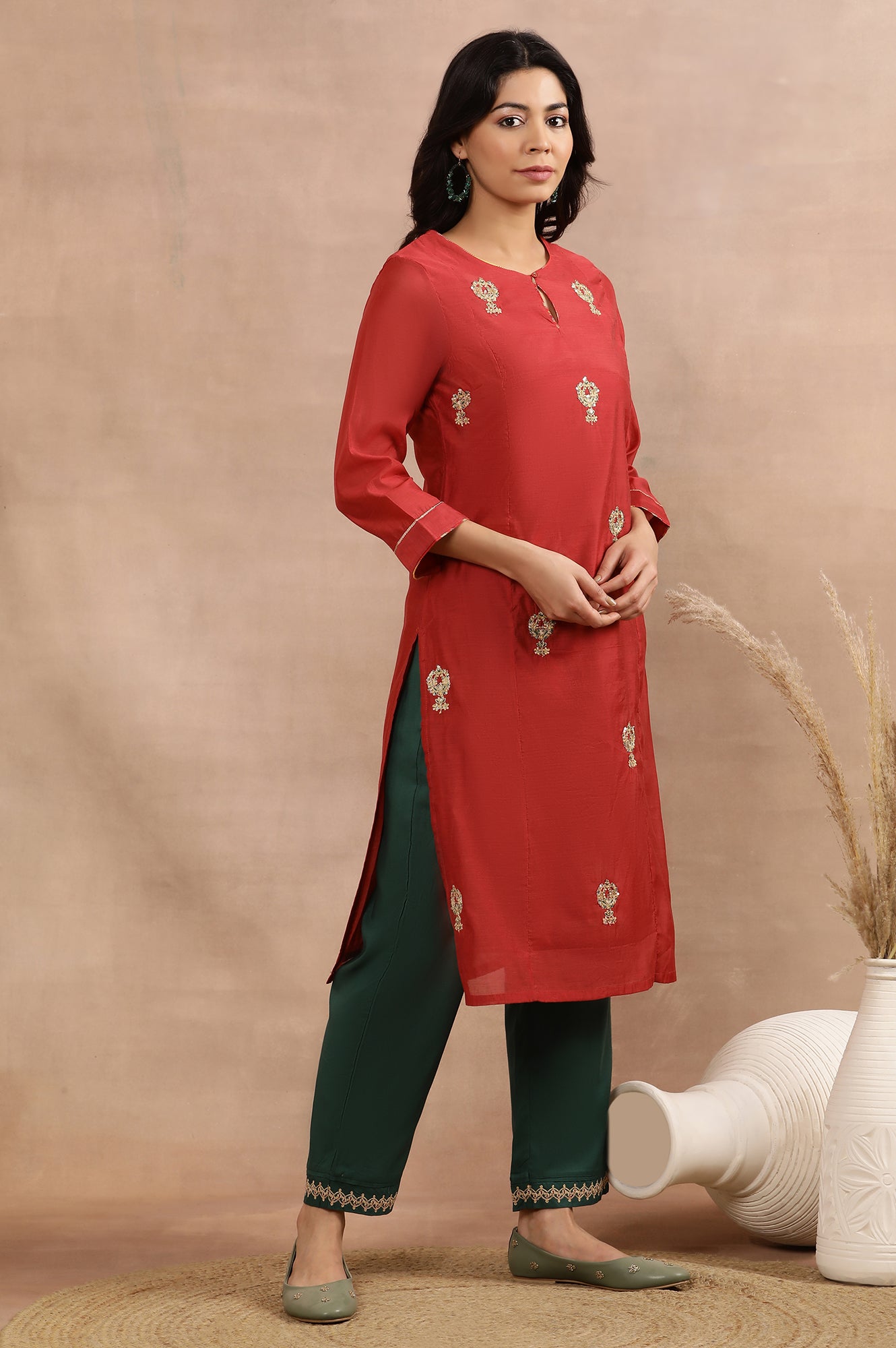 Red Embroidered Kurta, Pants And Kota Dupatta Set