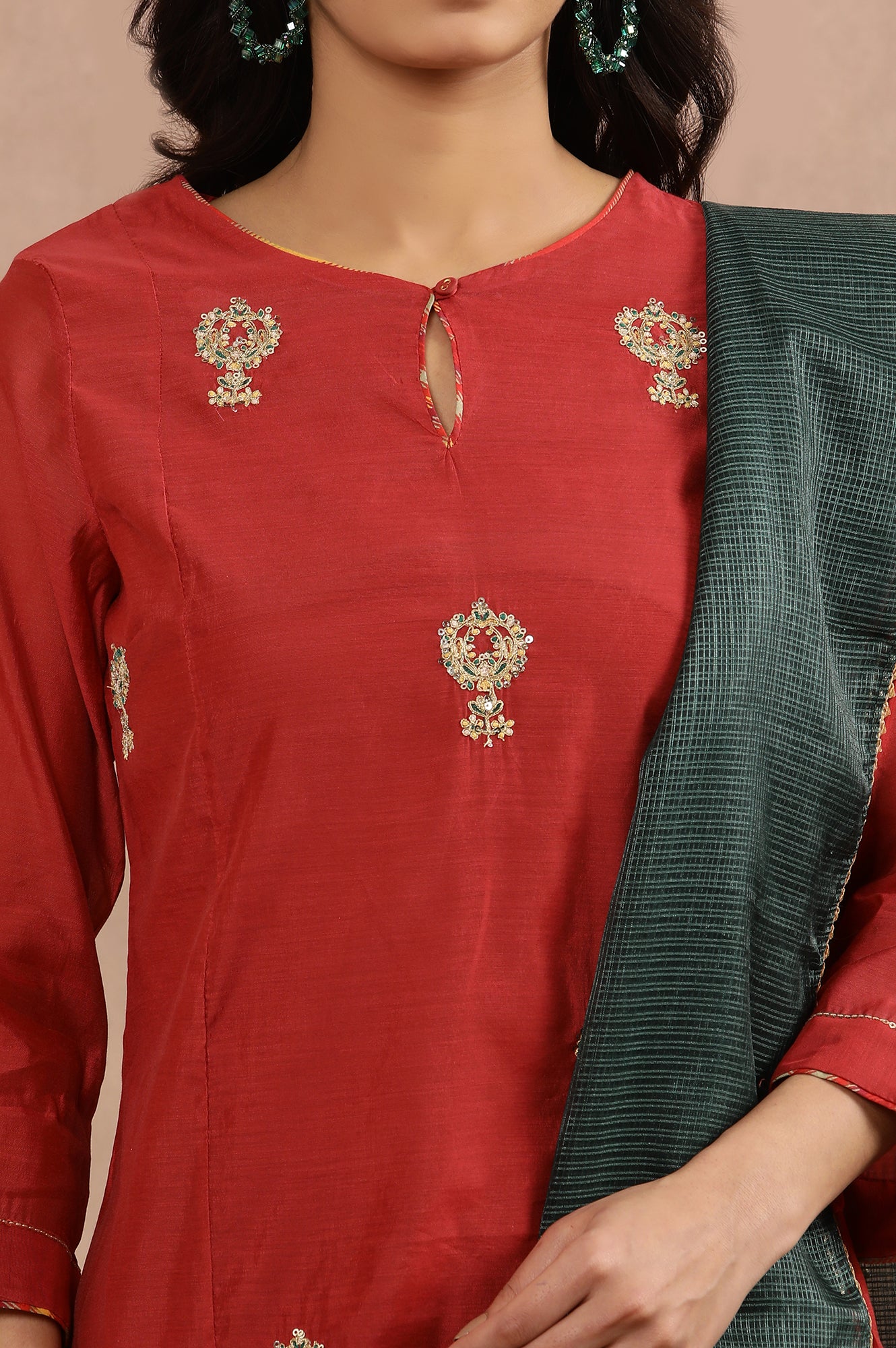 Red Embroidered Kurta, Pants And Kota Dupatta Set