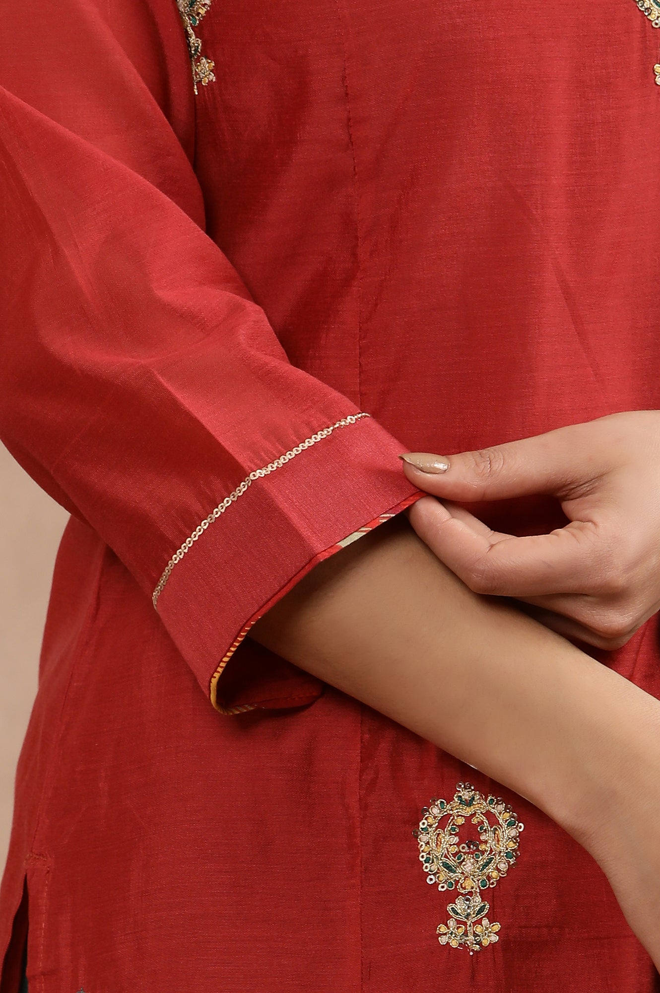 Red Embroidered Kurta, Pants And Kota Dupatta Set