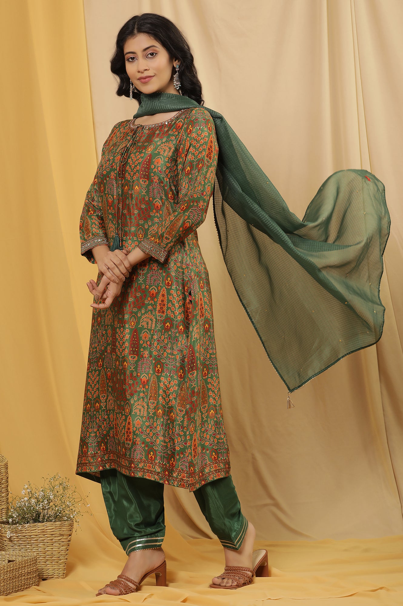 Green Printed Festive Kurta, Salwar Pants And Dupatta Set